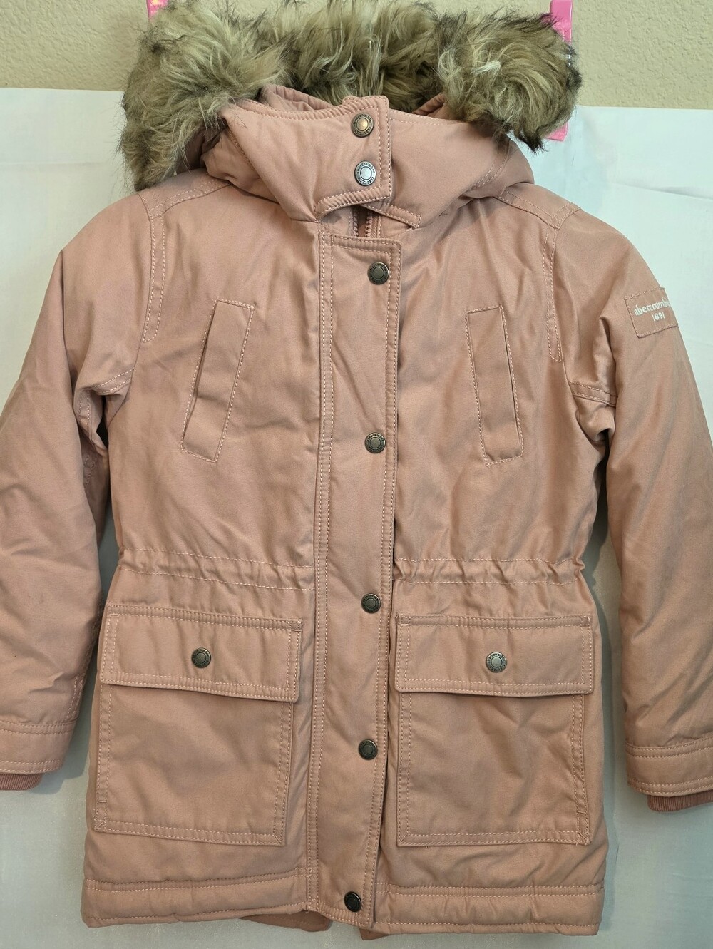 Abercrombie Girls' Pink Faux-Fur Hooded Parka Jacket. Removable Hood Or Fur 7/8